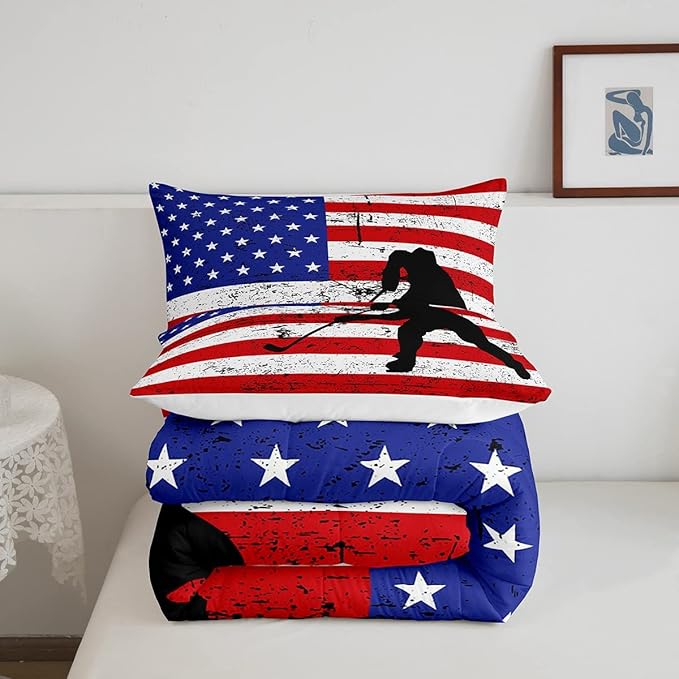 Erosebridal American Flag Comforter Set Full, Hockey Bedding Set United States Sports Games Down Comforter for Kids Boys Teens Bedroom, Red White Geometric Stripes Duvet Sets with 2 Pillowcases - LeafyLoom