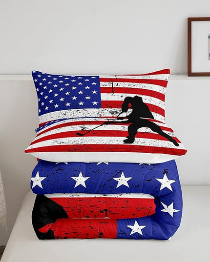 Erosebridal American Flag Comforter Set Queen, Hockey Bedding Set United States Sports Games Down Comforter for Kids Boys Teens Bedroom, Red White Geometric Stripes Duvet Sets with 2 Pillowcases - LeafyLoom
