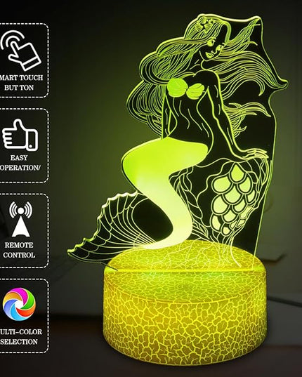 Mermaid Night Light,Gifts for Girls, 3D Illusion Lamp,Kids Bedside Lamp,16 Color Change Decor Lamp with Remote & Smart Touch, Gifts for Christmas Birthday - LeafyLoom
