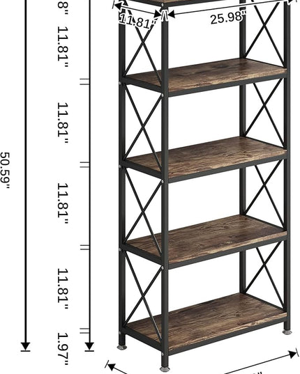 4NM Bookshelf 5 Tier Industrial Bookcase Home Office Adjustable Bookshelves Storage Shelves Organizer Vintage Book Shelf Display Rack for Living Room, Bedroom,Home (Rustic Brown and Black) - LeafyLoom