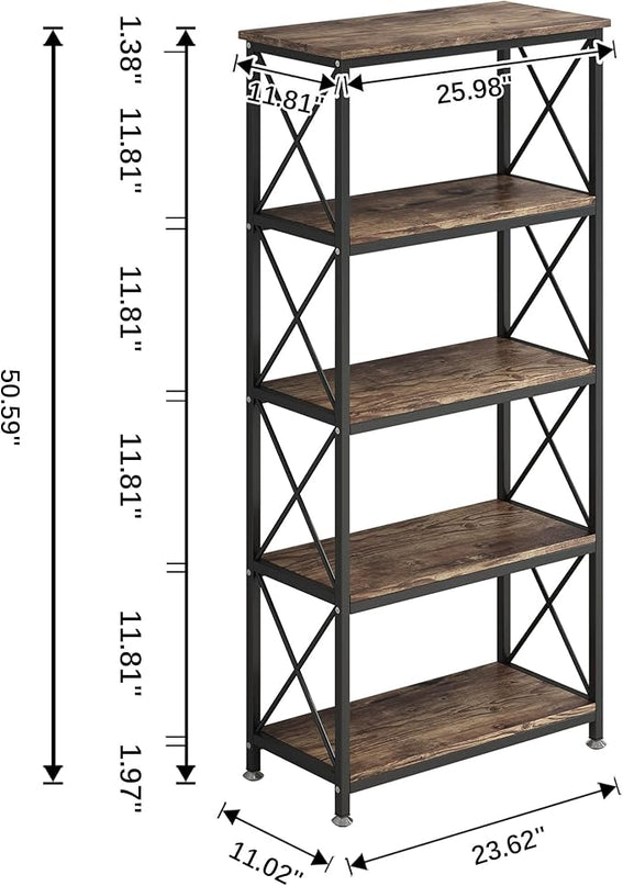 4NM Bookshelf 5 Tier Industrial Bookcase Home Office Adjustable Bookshelves Storage Shelves Organizer Vintage Book Shelf Display Rack for Living Room, Bedroom,Home (Rustic Brown and Black) - LeafyLoom