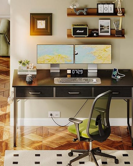 AODK 54 Inch Computer Desk with 3 Fabric Drawers, Office Desk with USB/Type-C Charging Ports & Power Outlets, Vanity Desk with Iron Hook for Bedroom, Study/Writing/Work Table for Bedroom, Black - LeafyLoom