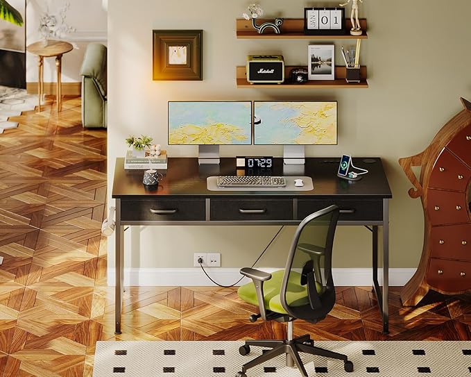 AODK 54 Inch Computer Desk with 3 Fabric Drawers, Office Desk with USB/Type-C Charging Ports & Power Outlets, Vanity Desk with Iron Hook for Bedroom, Study/Writing/Work Table for Bedroom, Black - LeafyLoom