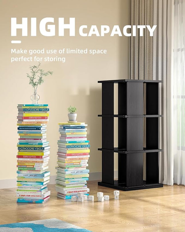 Rotating Bookshelf, 3-Shelf 360° Solid Wood Book shelf Tower, Stackable Revolving Bookcase Organizer for Living Room, Bedroom, Study(Black) - LeafyLoom