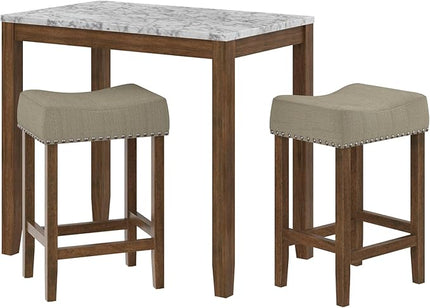 Nathan James Viktor 3 Piece Set, Heigh Kitchen Counter Pub Dining or Breakfast Table with Marble Top and Fabric Wood Base Seat, Beige/Light Brown - LeafyLoom