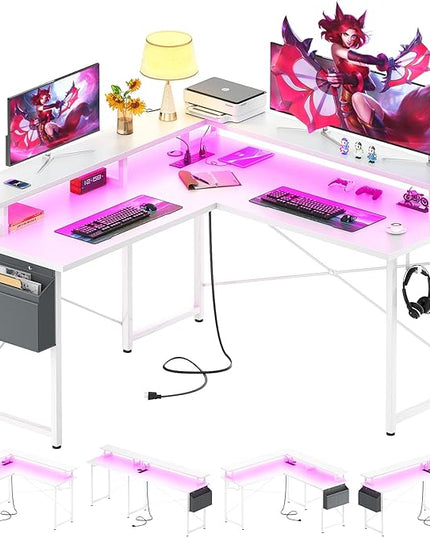 armocity L Shaped Computer Desk with Power Outlets, Gaming Desk L Shaped with LED Lights, Corner Desk with Storage Shelves, Work Study Desk for Bedroom, Home Office Small Spaces, 47'', White - LeafyLoom