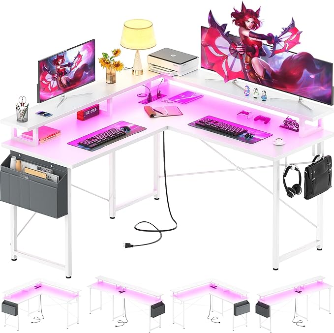 armocity L Shaped Computer Desk with Power Outlets, Gaming Desk L Shaped with LED Lights, Corner Desk with Storage Shelves, Work Study Desk for Bedroom, Home Office Small Spaces, 47'', White - LeafyLoom