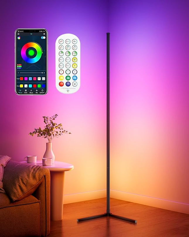 Corner Floor Lamp, 65" Smart RGB Color Changing LED Floor Lamp with APP and Remote Control, Modern Mood Lighting Corner Lamp with Music Sync, DIY Mode & Timing for Living Room Gaming Room - LeafyLoom
