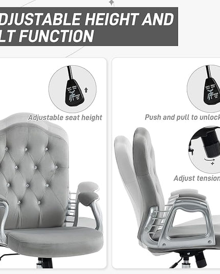 Vinsetto Home Office Chair, Velvet Computer Chair, Button Tufted Desk Chair with Swivel Wheels, Adjustable Height, and Tilt Function, Light Gray - LeafyLoom