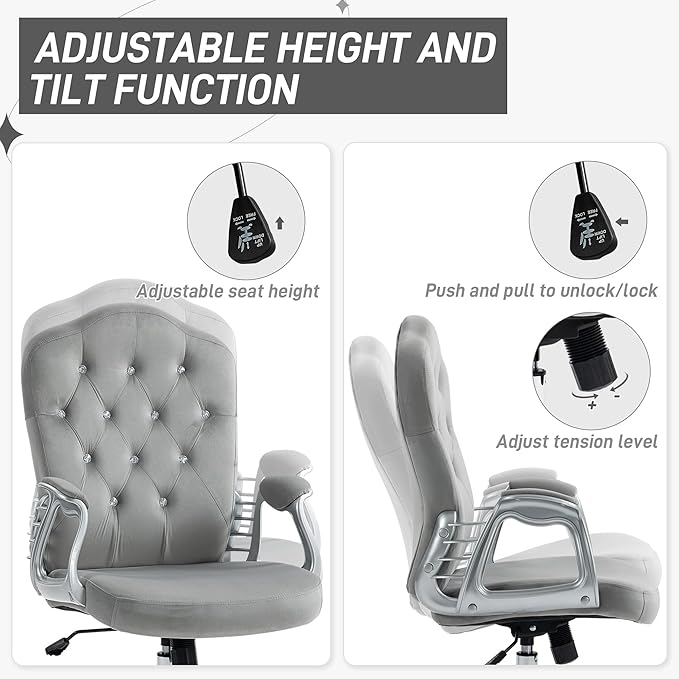 Vinsetto Home Office Chair, Velvet Computer Chair, Button Tufted Desk Chair with Swivel Wheels, Adjustable Height, and Tilt Function, Light Gray - LeafyLoom