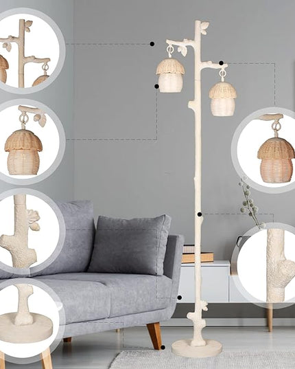 Rattan Floor Lamp with Faux Wood Finish, Boho Floor Lamps with Faux Pinecone and Leaves Decor, Beige - LeafyLoom