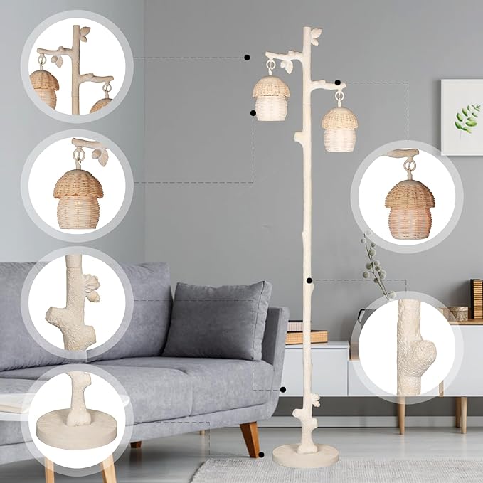 Rattan Floor Lamp with Faux Wood Finish, Boho Floor Lamps with Faux Pinecone and Leaves Decor, Beige - LeafyLoom