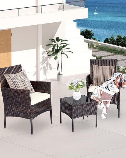 Patio Furniture Set 3 Pieces All-Weather Rattan Outdoor Furniture Patio Chairs with Tempered Glass Table for Porch Bistro Balcony Bistro Set(Brown/White) - LeafyLoom