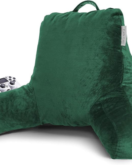 Clara Clark Reading Pillow, Standard Back Pillow for Sitting Up in Bed, Memory Foam Back Support Pillow, Reading Pillows for Sitting in Bed, Dark Green Sit Up Pillow for Bed, Arm Pillow with Pockets - LeafyLoom