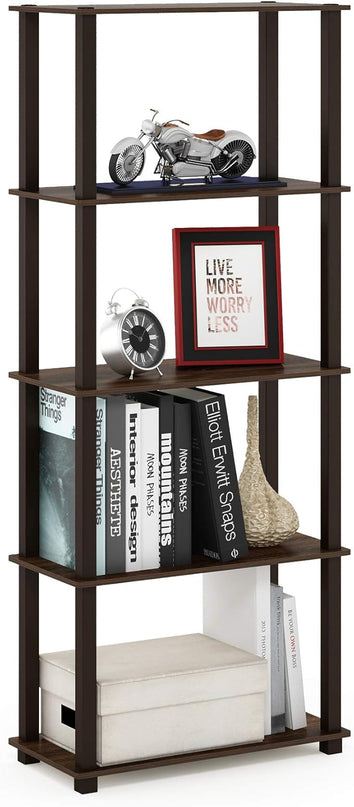 Furinno Turn-N-Tube 5-Tier Multipurpose Shelf / Display Rack / Storage Shelf / Bookshelf, Square Tubes, Walnut/Brown - LeafyLoom