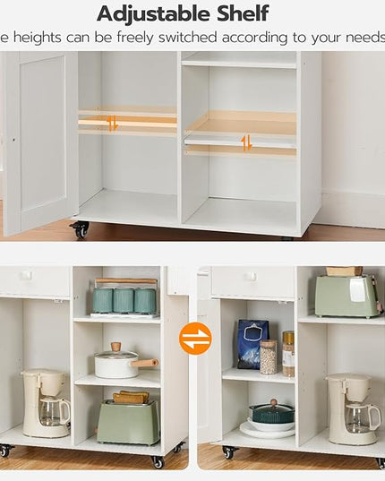 HOOBRO Kitchen Island, Storage Cabinet with Drawer, Kitchen Cart with Spice and Towel Rack, Saving Space, Easy Assembly, for Living Room, White and Natural WN12ZD01 - LeafyLoom