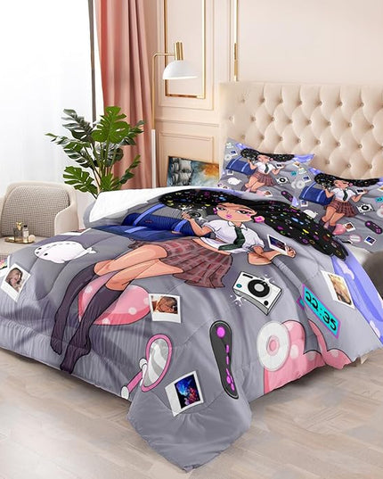 Black Girl Comforter Set Queen Size Bedding Sets for Girls Cute Black Girl Bedding Set African American Girl Soft Microfiber 3 Piece Queen Quilt Sets, 1 Comforter + 2 Pillowcases - LeafyLoom
