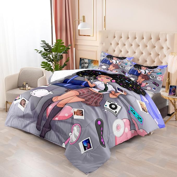 Black Girl Comforter Set Queen Size Bedding Sets for Girls Cute Black Girl Bedding Set African American Girl Soft Microfiber 3 Piece Queen Quilt Sets, 1 Comforter + 2 Pillowcases - LeafyLoom