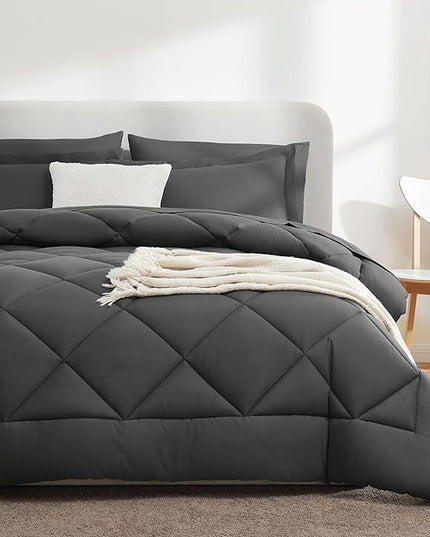 CozyLux Twin Bed in a Bag Comforter Set with Sheets 5-Pieces for Girls and Boys Dark Grey All Season Bedding Sets with Comforter, Pillow Sham, Flat Sheet, Fitted Sheet and Pillowcase - LeafyLoom