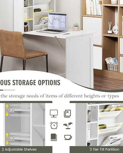 Wall Mounted Table w/Classified Storage Space, Foldable Multiple-Purpose Desk, Sturdy Wood Structure, White - LeafyLoom