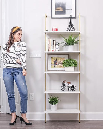 SUPERJARE Modern Ladder Shelf, 5-Tier Open Wall-Mounted Bookshelf with Stable Metal Frame, 72 Inches Storage Rack Shelves, Stand Bookcase for Home Office - White/Gold - LeafyLoom