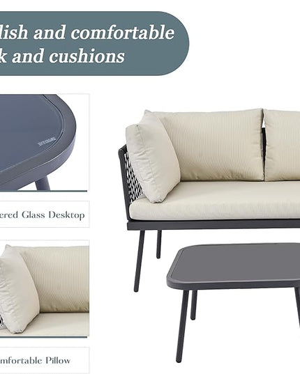 3-Piece Outdoor Patio Furniture PE Rattan Sofa Set, All Weather L-Shaped Sectional Couch with Removable Cushions and Glass Table, for Backyard Poolside Garden, Metal Frame, Onesize, Beige - LeafyLoom