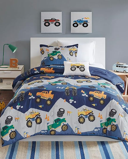 Mi Zone Kids Queen Comforter Set for Boys 4 Piece Monster Truck Comforter Set, Queen Bedding Set, Teen Microfiber Bed Set, Matching Shams, Embroidered Truck Throw Pillow, Full/Queen, Blue - LeafyLoom