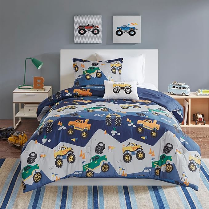 Mi Zone Kids Queen Comforter Set for Boys 4 Piece Monster Truck Comforter Set, Queen Bedding Set, Teen Microfiber Bed Set, Matching Shams, Embroidered Truck Throw Pillow, Full/Queen, Blue - LeafyLoom