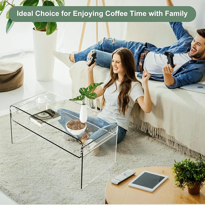 Acrylic Coffee Table, 31.5" Clear Coffee Table with Storage Shelf, Rectangle Centre Table, Modern Coffee Table for Living Room, Office，31.5" L x 15.8" W x 15" H - LeafyLoom