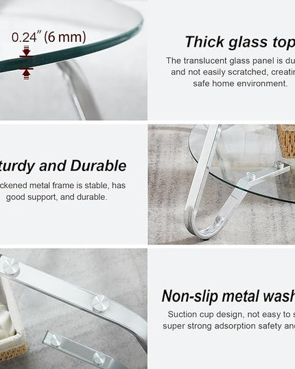 HOMBAZAAR Glass Coffee Table, Modern Coffee Table with Metal Frame and Tempered Glass Tabletop, 2-Tier Chrome Round Center Table for Living Room, Meeting Room, Silver - LeafyLoom