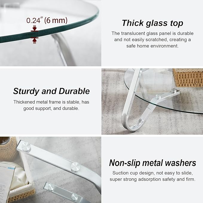HOMBAZAAR Glass Coffee Table, Modern Coffee Table with Metal Frame and Tempered Glass Tabletop, 2-Tier Chrome Round Center Table for Living Room, Meeting Room, Silver - LeafyLoom