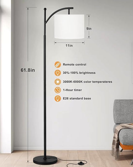 Ambimall Floor Lamp with Remote Control and Stepless Dimmable Bulb, Colors Temperature & Brightness Adjustable, Modern Floor Lamps for Living Room（White Shade & Black Pole） - LeafyLoom