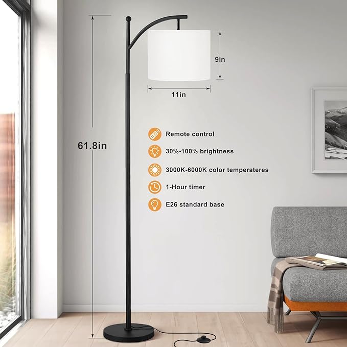 Ambimall Floor Lamp with Remote Control and Stepless Dimmable Bulb, Colors Temperature & Brightness Adjustable, Modern Floor Lamps for Living Room（White Shade & Black Pole） - LeafyLoom