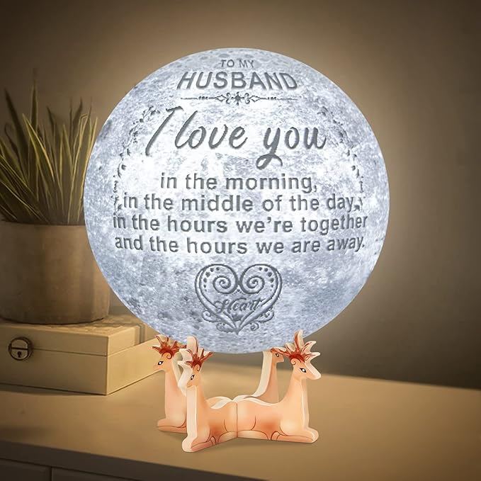 Engraved 3D Moon Lamp Gifts Anniversary Valentine's Day Gift for Husband from Wife, Personalized 5.9 Inch 3D Printing Moon Light Gift for Wife Valentine's Christmas Gift - LeafyLoom