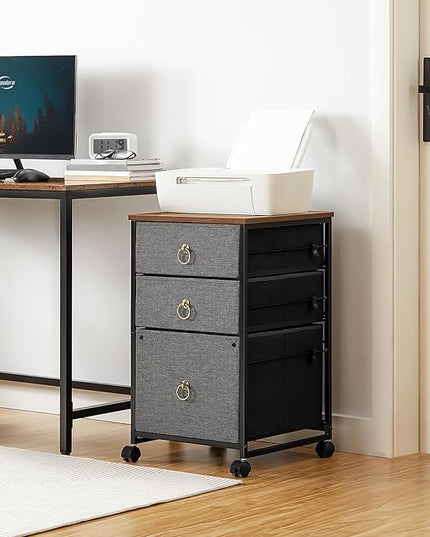 HOOBRO 3-Drawer Mobile File Cabinet, Vertical Filing Cabinet, Office Cabinet, Filing Cabinet for Home Office, Rolling Printer Stand, A4/Letter-Sized, Nonwovens Drawer, Rustic Brown and Gray BFG30WJ01 - LeafyLoom