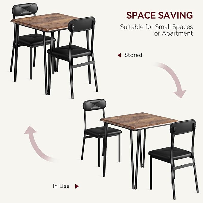Dining Table for 2, Small Square kitchen Dinner Table Set for 2,Space Saving Wood Modern Dinette With Upholstered,Dining Room Furniture for Breakfast Nook, Apartment,Home Office Small Space,3 Piece - LeafyLoom