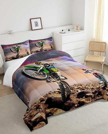Dirt Bike Comforter Set for Boys Bedroom Motocross Rider Extreme Sports Duvet Insert Mountain Bike Bedding Quilted Set Kids Motorcycle Motorbike Down Comforter,Soft Lightweight for All Season,Queen - LeafyLoom