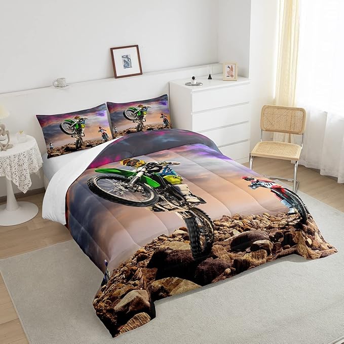 Dirt Bike Comforter Set for Boys Bedroom Motocross Rider Extreme Sports Duvet Insert Mountain Bike Bedding Quilted Set Kids Motorcycle Motorbike Down Comforter,Soft Lightweight for All Season,Queen - LeafyLoom