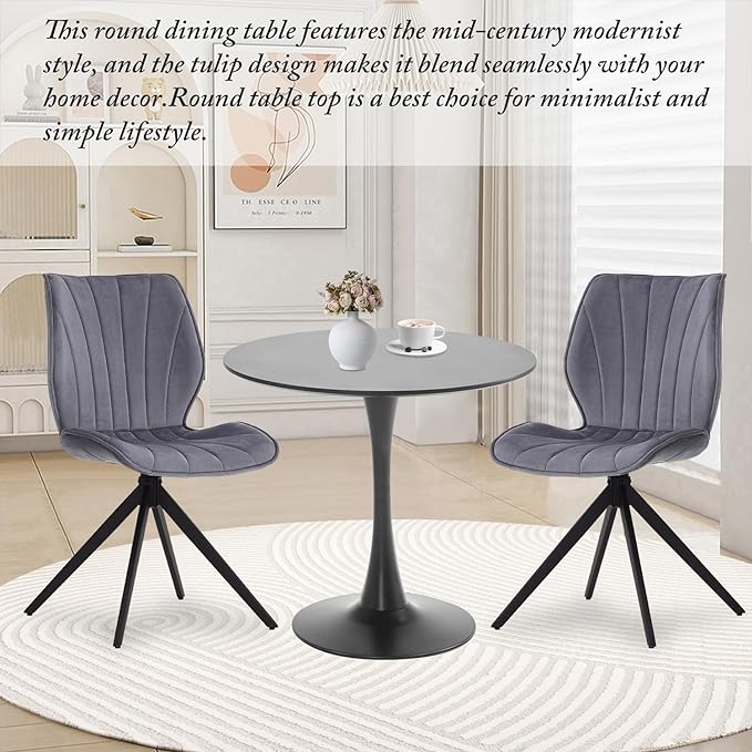 Black Round Dining Table, 31.5" Tulip Table Round Kitchen Dining Table, with 0.7" MDF Table Top and Metal Pedestal Base, Mid-Century Table Leisure for Cafe, Home, Dining Room, Kitchen - LeafyLoom