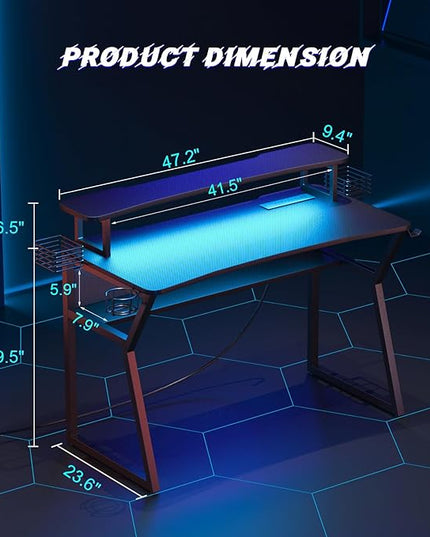 Gaming Desk with Power Outlet&Led Lights, Computer Desk with Monitor Stand and Open Shelf,Gamer Table Workstation with Cup Holder, Headphone Hook, 2 Speaker Stand for Home Office - LeafyLoom