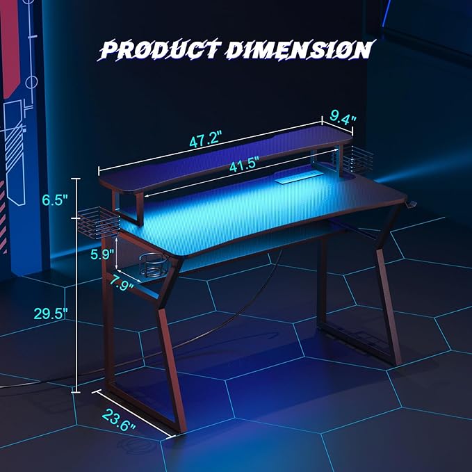 Gaming Desk with Power Outlet&Led Lights, Computer Desk with Monitor Stand and Open Shelf,Gamer Table Workstation with Cup Holder, Headphone Hook, 2 Speaker Stand for Home Office - LeafyLoom
