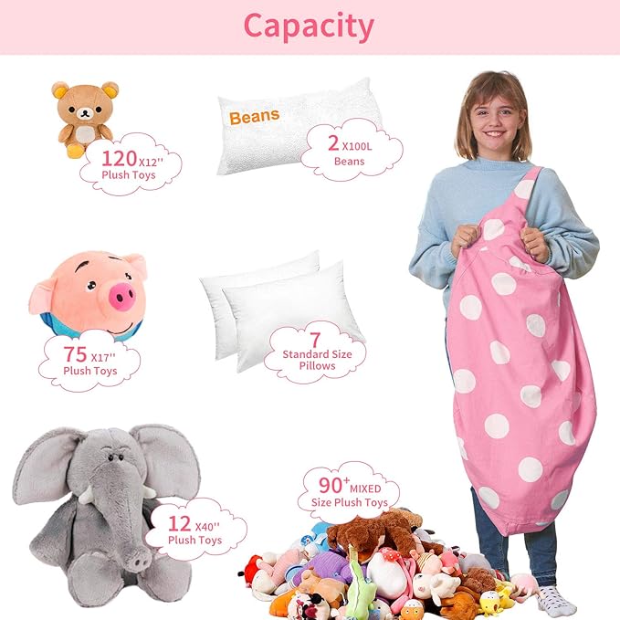 Aubliss Stuffed Animal Bean Bag Storage Chair (Light Pink Dot, Large (38'')) - LeafyLoom