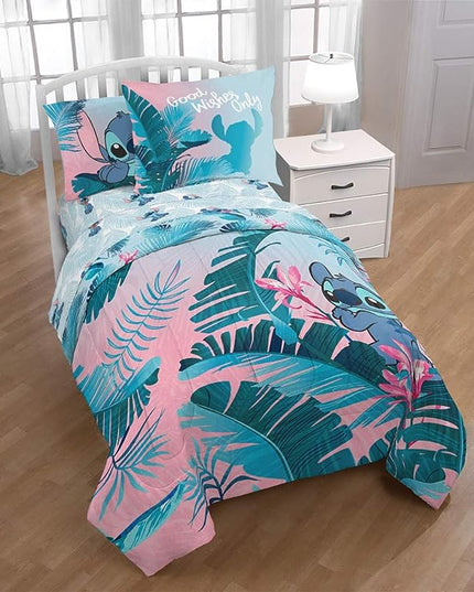 Jay Franco Disney Lilo & Stitch Floral Fun Twin Comforter & Sham Set - Super Soft Kids Reversible Bedding - Fade Resistant Microfiber (Official Disney Product) - LeafyLoom