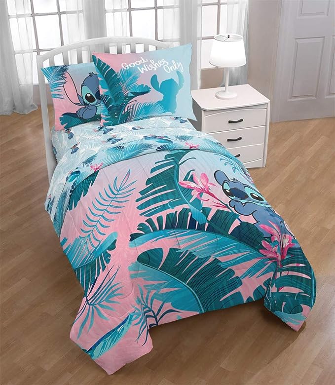 Jay Franco Disney Lilo & Stitch Floral Fun Twin Comforter & Sham Set - Super Soft Kids Reversible Bedding - Fade Resistant Microfiber (Official Disney Product) - LeafyLoom