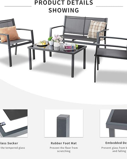 Shintenchi 4 Pieces Patio Furniture Set, Modern Design, Durable Steel Frame, Comfortable Textile Cushions, Easy to Move and Clean - LeafyLoom