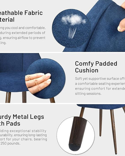 FurnitureR Dining Chairs Set of 2, Upholstered Side Chairs Fabric Armless Living Room Accent Chair with Soft Seat/Metal Legs, Mid-Back Chairs for Home Kitchen Restaurant, Dark Blue - LeafyLoom