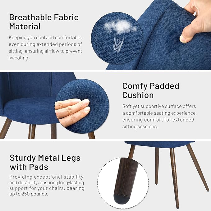 FurnitureR Dining Chairs Set of 2, Upholstered Side Chairs Fabric Armless Living Room Accent Chair with Soft Seat/Metal Legs, Mid-Back Chairs for Home Kitchen Restaurant, Dark Blue - LeafyLoom