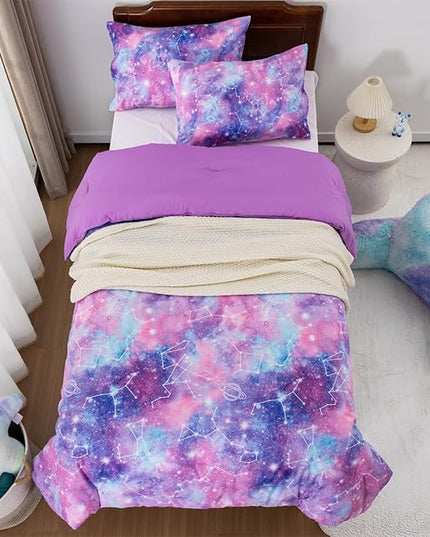 Holawakaka Tie Dye Galaxy Constellation Print Ombre Comforter Set Twin/Twin XL Size Girls Gradient Space Stars Dorm Bedding Set (Purple,Twin) - LeafyLoom