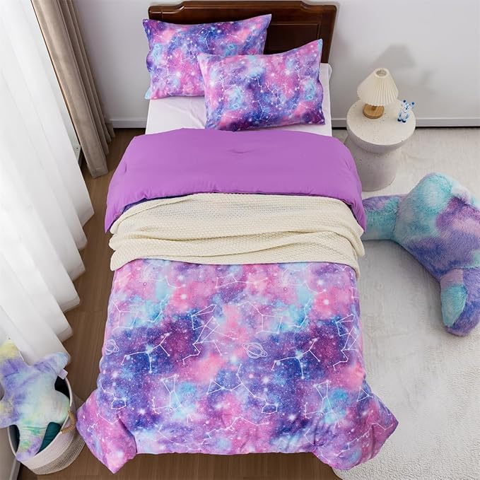 Holawakaka Tie Dye Galaxy Constellation Print Ombre Comforter Set Twin/Twin XL Size Girls Gradient Space Stars Dorm Bedding Set (Purple,Twin) - LeafyLoom