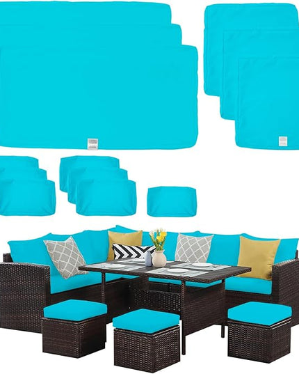 ClawsCover 13Pack Outdoor Seat and Back Cushions Replacement Covers Fit for 7Pieces Wicker Rattan Patio Furniture Set Sectional Couch with Dining Table and Ottoman,Turquoise-Include Cover Only - LeafyLoom
